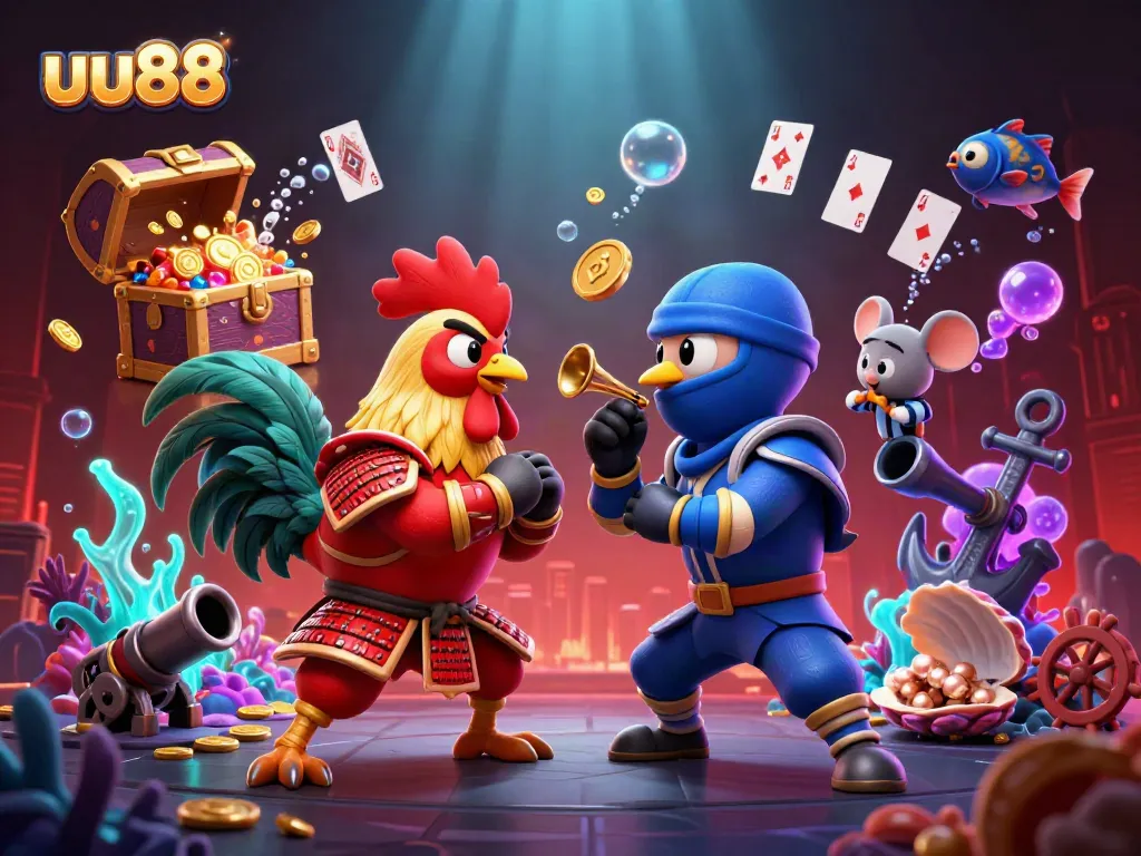 Engage in thrilling battles with uu88's dynamic rooster showdown amidst vibrant casino elements.