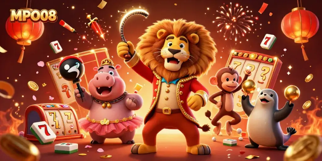 Engage in winning slots with MPO08 in a vibrant casino scene with animated characters.