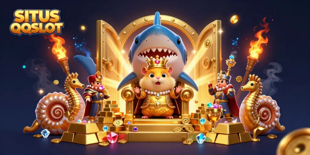 Experience the adventure of SITUS QQSLOT with a golden hamster king and treasure-laden scene.