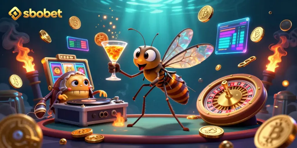 Experience sbobet betting as a vibrant casino scene with an engaging mascot and exciting gameplay elements.
