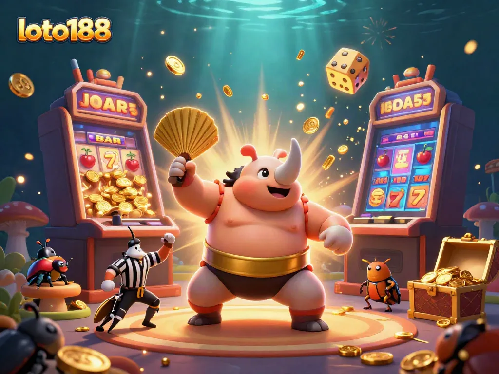 Experience the excitement of loto188 with a thrilling illustration of a beetle sumo champion and vibrant casino elements.