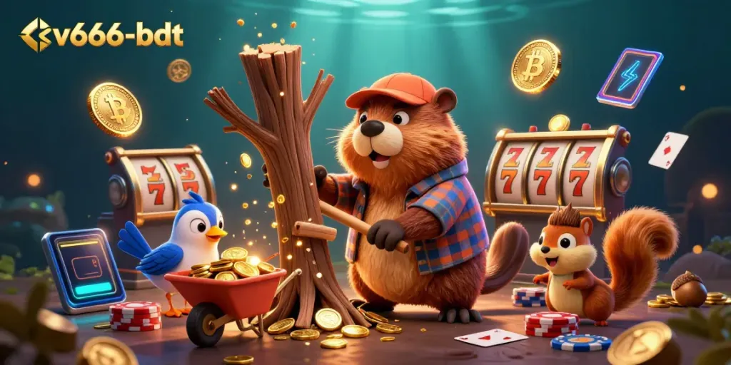 Engage with cv666-bdt as a beaver collects golden coins in a vibrant casino environment.