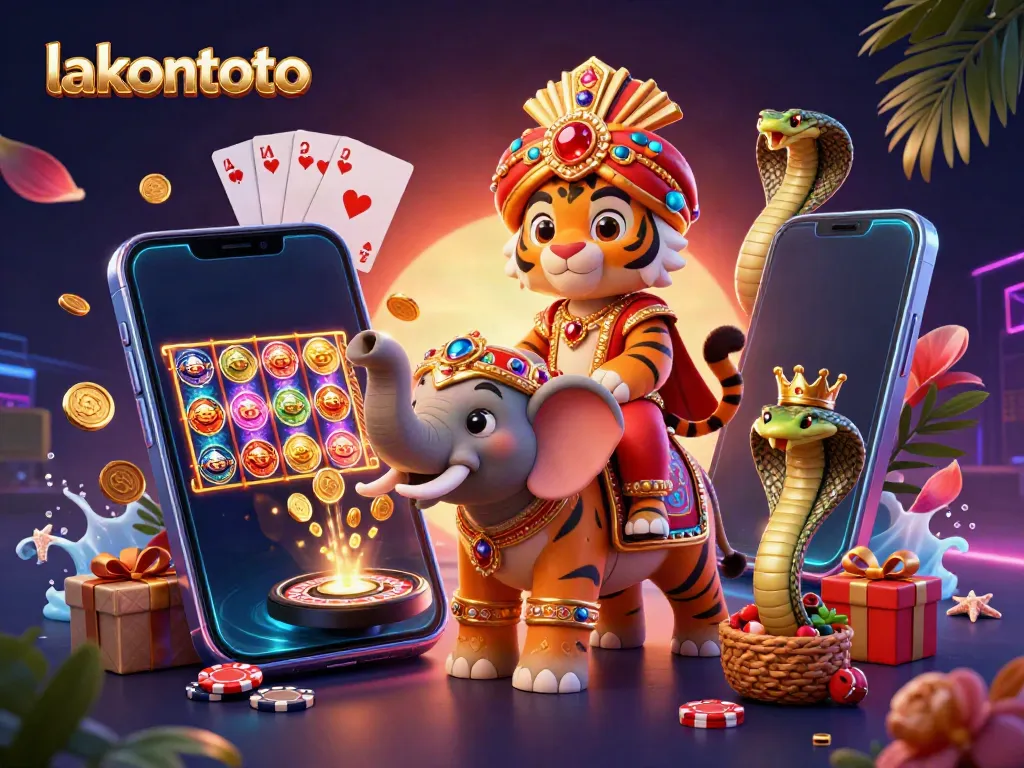 Permainan slot menarik di lakontoto, dengan mahkota emas dan gajah berhiaskan permata.