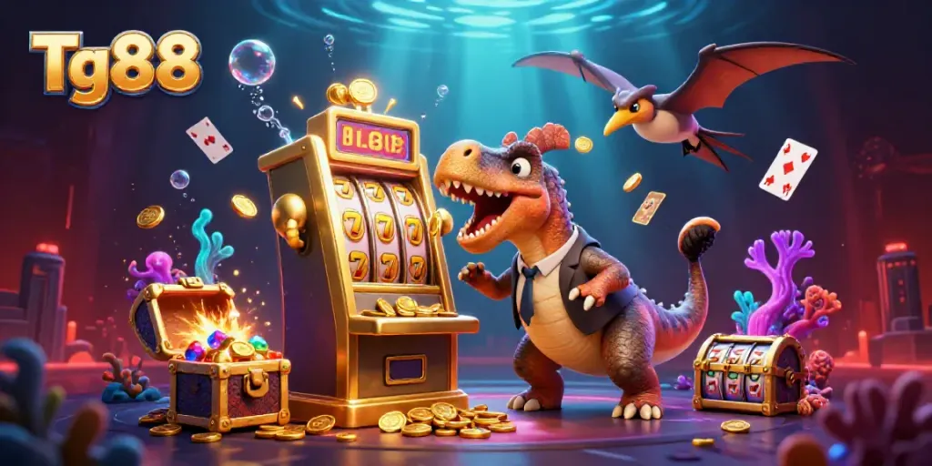 Tg88 casino illustration with dynamic dinosaur characters celebrating a jackpot win.