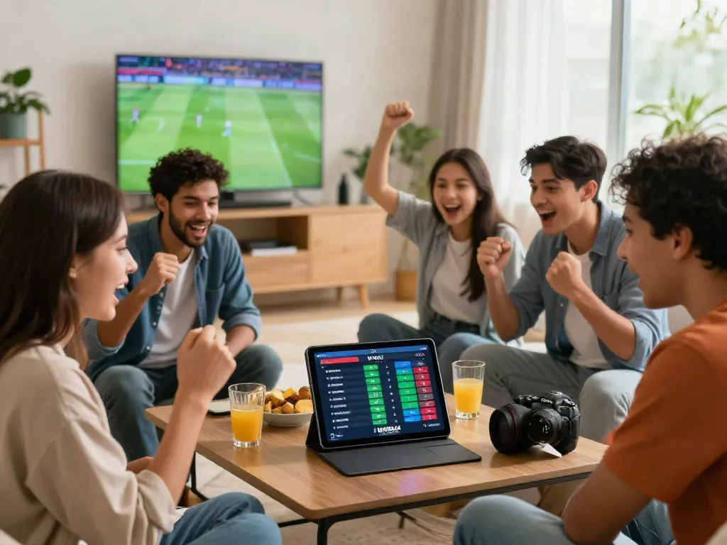 Exciting WWBOLA scene with friends enjoying sports betting and soccer.