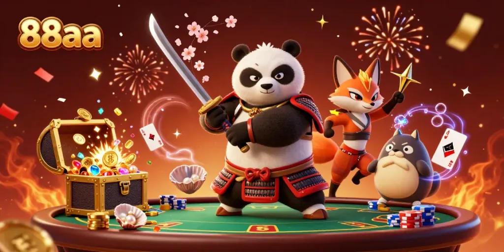 Experience the thrill of 88aa with characters and energetic casino elements in a vibrant 3D illustration.