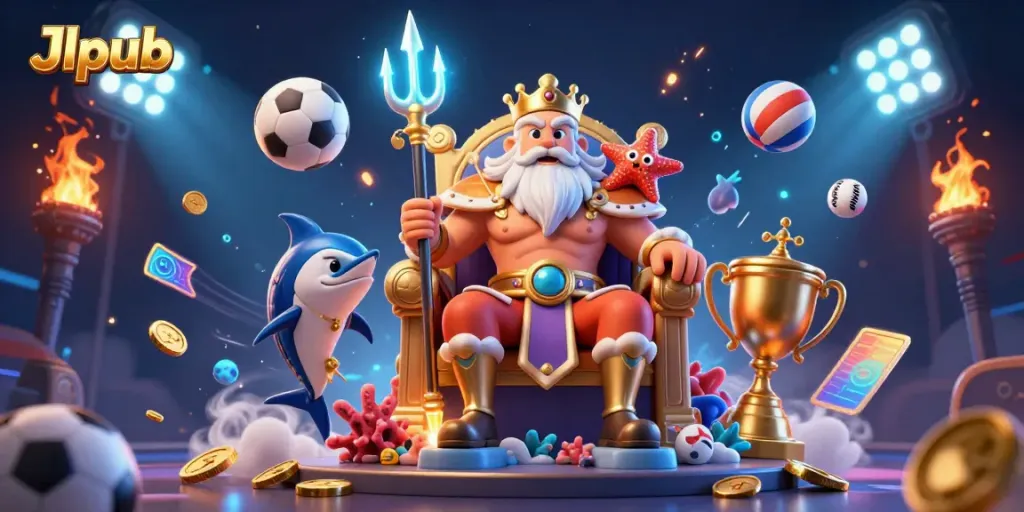 Experience thrilling betting at Jlpub, showcased with Neptune and sports elements in a vibrant scene.