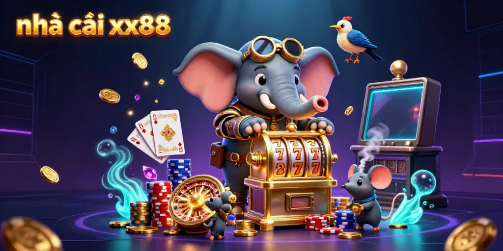 Engage with dynamic gaming elements at nhà cái xx88, showcasing a vibrant 3D casino scene.