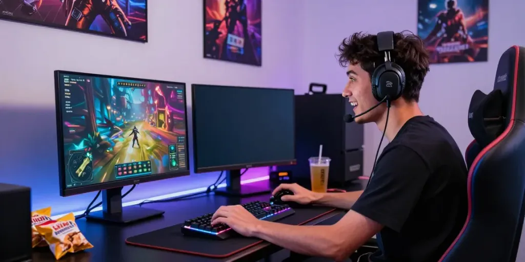 Gamer terpaku pada layar dengan setting gaming modern, kata kunci merahtoto di dalam konteks.
