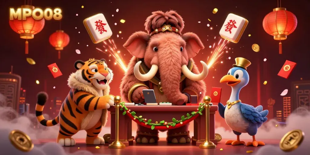 MPO08 illustrated scene of a mammoth bouncer, saber-tooth guest, and dodo doorman, showcasing vibrant casino elements.