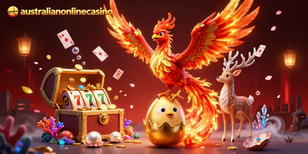 A thrilling scene from australianonlinecasino with a phoenix, baby phoenix hatching, and a mystical stag surrounded by casino elements.