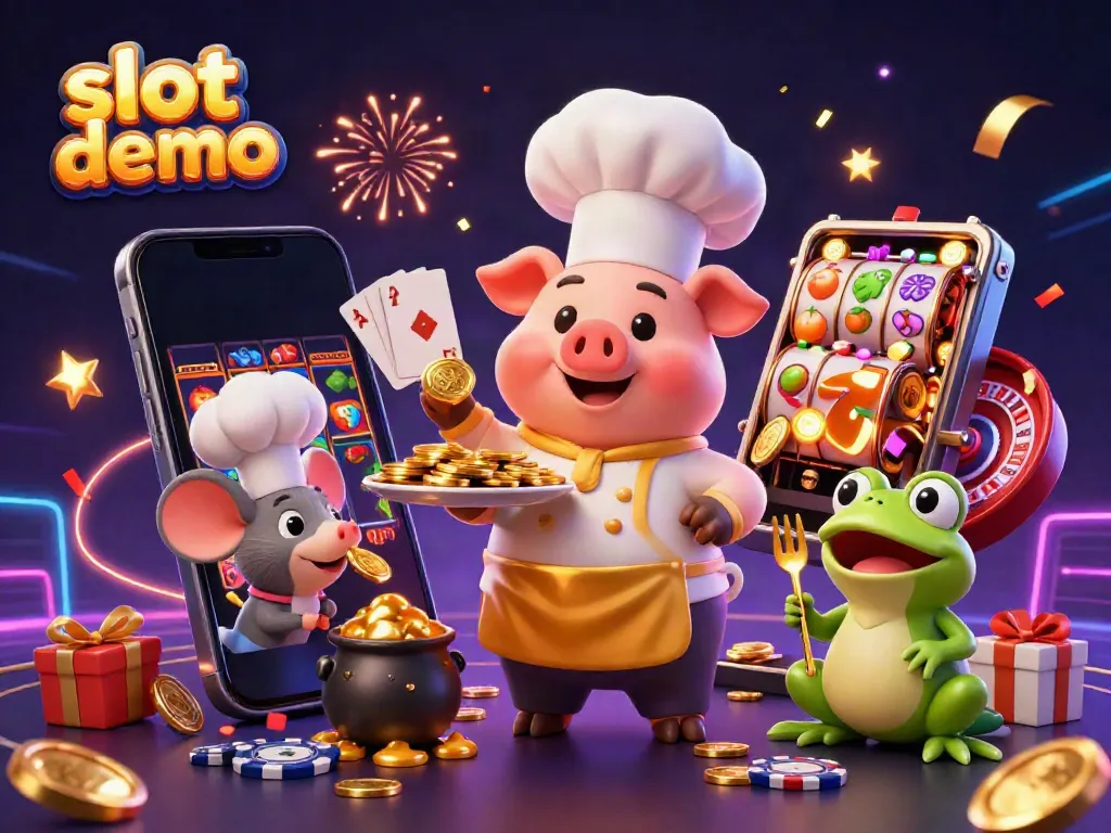 Experience an exciting slot demo with chefs and vibrant casino elements in this dynamic 3D scene.