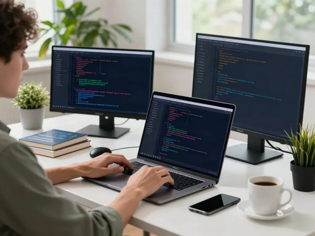 V2rayN官网 software development workspace with programmer coding.