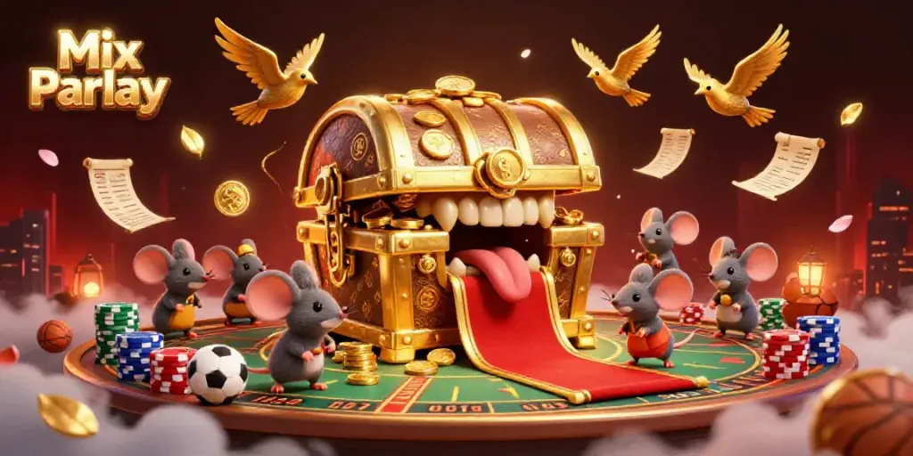 Engage with the thrilling Mix Parlay betting experience showcased in a vibrant 3D scene filled with competitive sports elements.