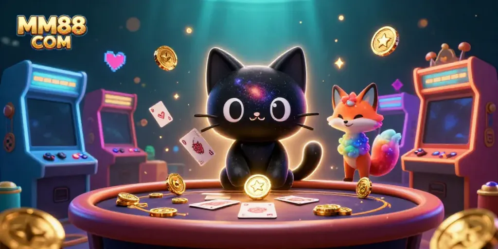 Engage in casino adventures with MM88 COM featuring a cosmic cat and colorful fox.