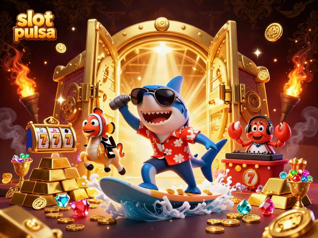 Permainan slot pulsa dengan karakter lucu di tengah lautan koin emas dan cahaya berkilau.