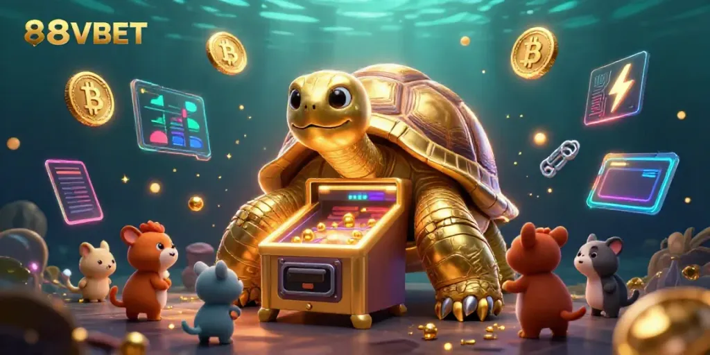 Engage with thrilling games at 88VBET featuring a lively casino scene with animated characters and crypto coins.