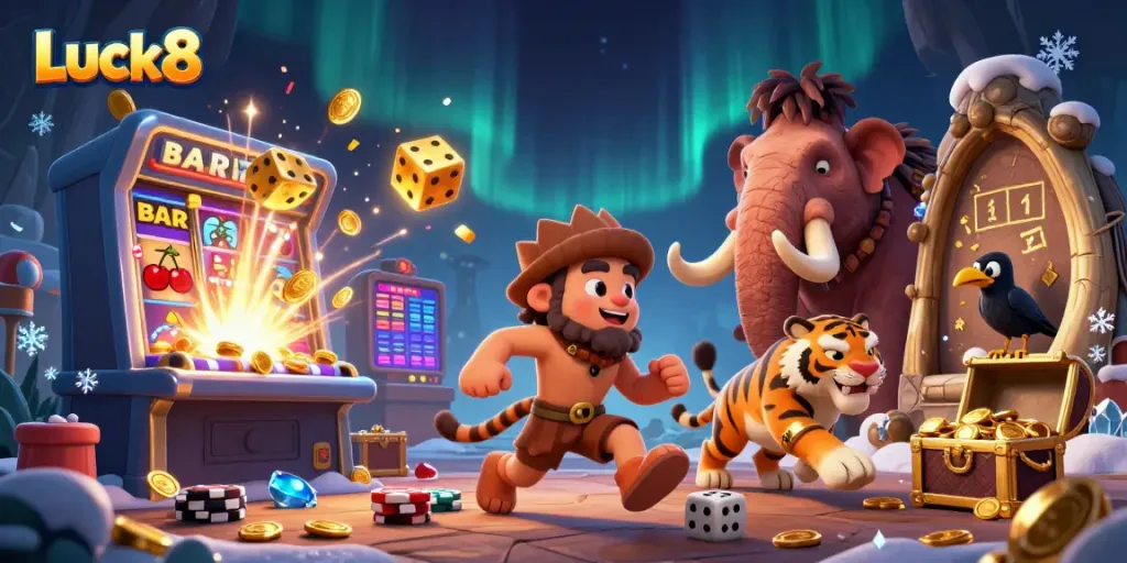 Luck8, a lively prehistoric casino scene featuring caveman and sabertooth tiger with dynamic game elements.