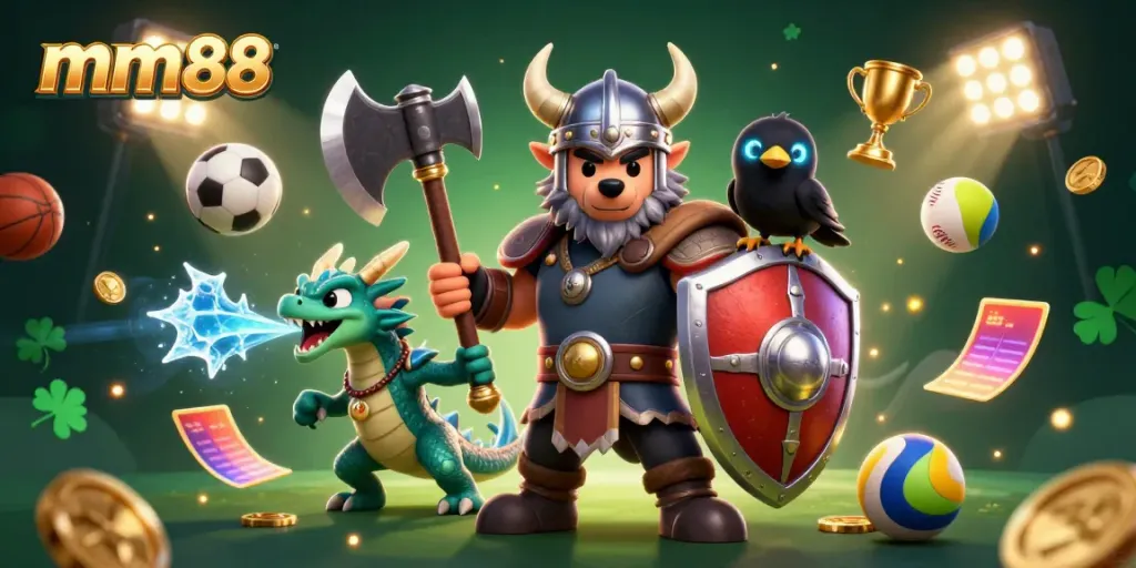 Engage with mm88 online betting excitement featuring a Viking warrior, dragon, and raven.