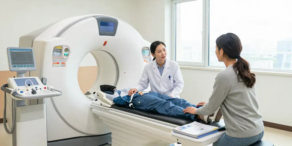 Radiologie Wolfsburg - freundlicher Radiologe im Gespräch mit Patient in moderner Klinik.