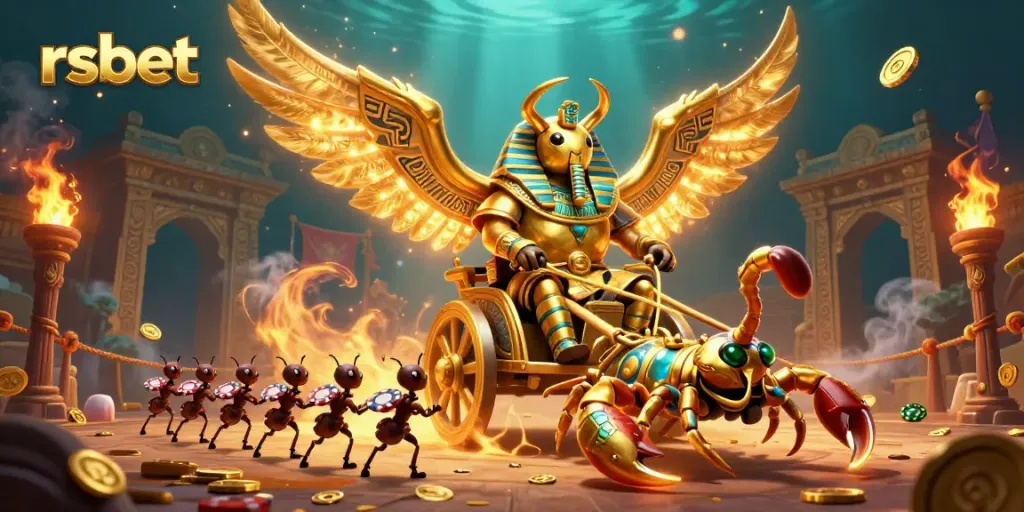 Engage in thrilling gaming at rsbet with a vibrant 3D digital illustration of a colossal scarab beetle and chariot.