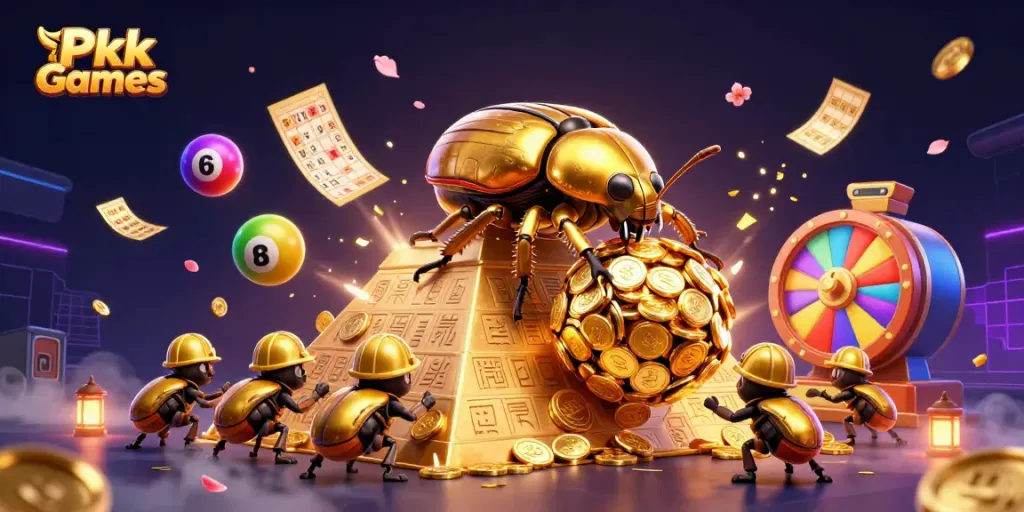 Engage in thrilling Pkv Games as golden illustrations depict massive beetles and dynamic casino elements.