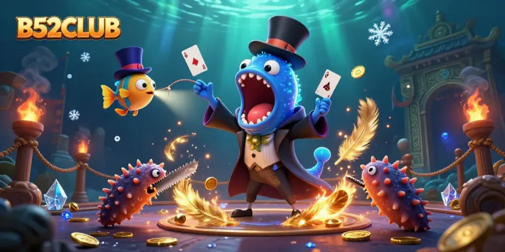 B52CLUB showcases a vibrant underwater magic scene with unique sea creatures performing tricks and casino elements.