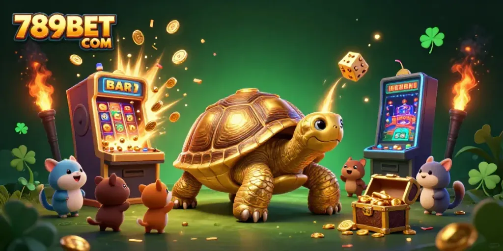 Experience thrilling gaming adventures at 789BET COM with a vibrant 3D illustration featuring a golden tortoise pinball machine.