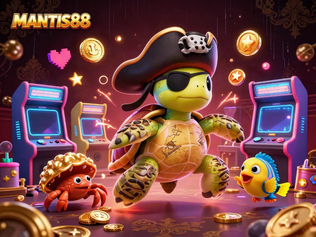 Experience the thrill of MANTIS88 with a vivid 3D scene featuring colorful game elements and charming characters.