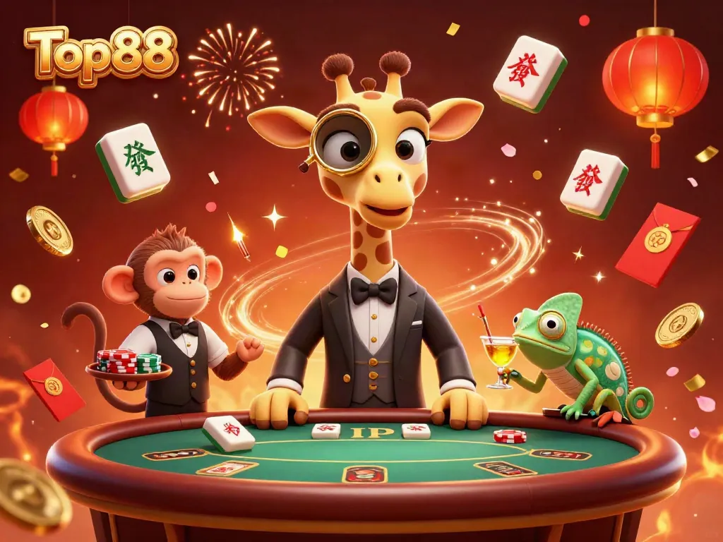 Experience Top88 with a high-roller giraffe at a dazzling casino scene filled with celebration.
