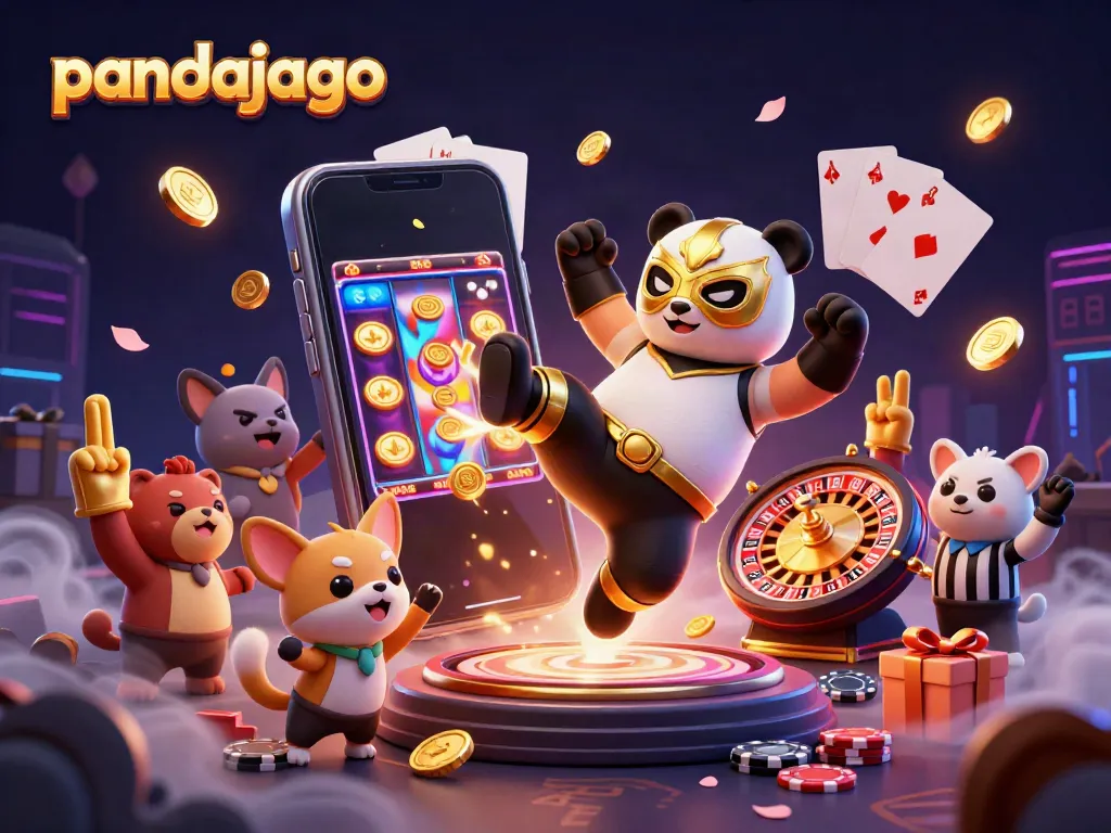Gambar lucu pandajago dengan panda penjuang dan penonton hewan di kasino.