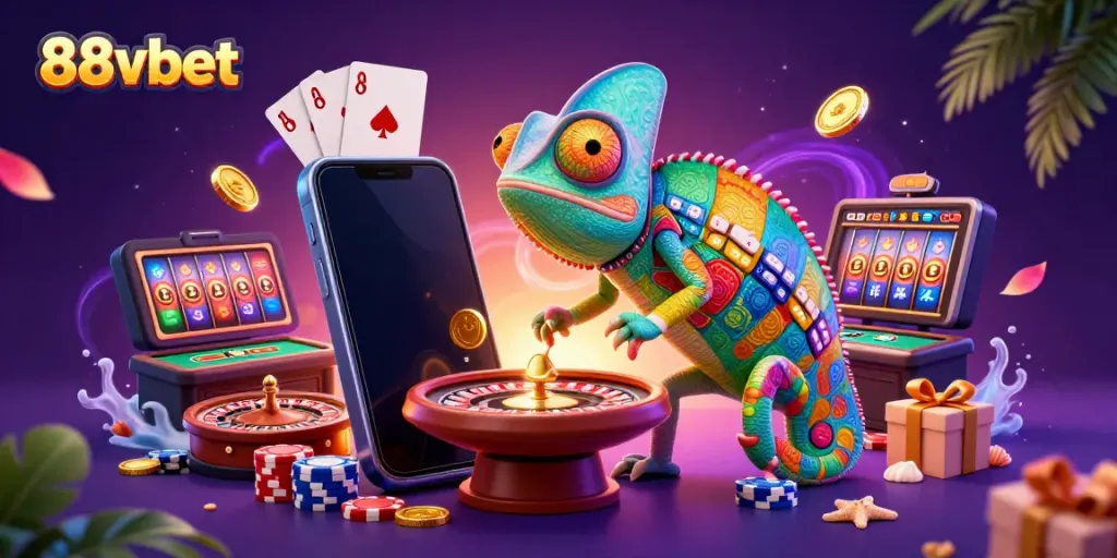 Engage with the vibrant 88vbet casino scene featuring colorful games and a chameleon character.