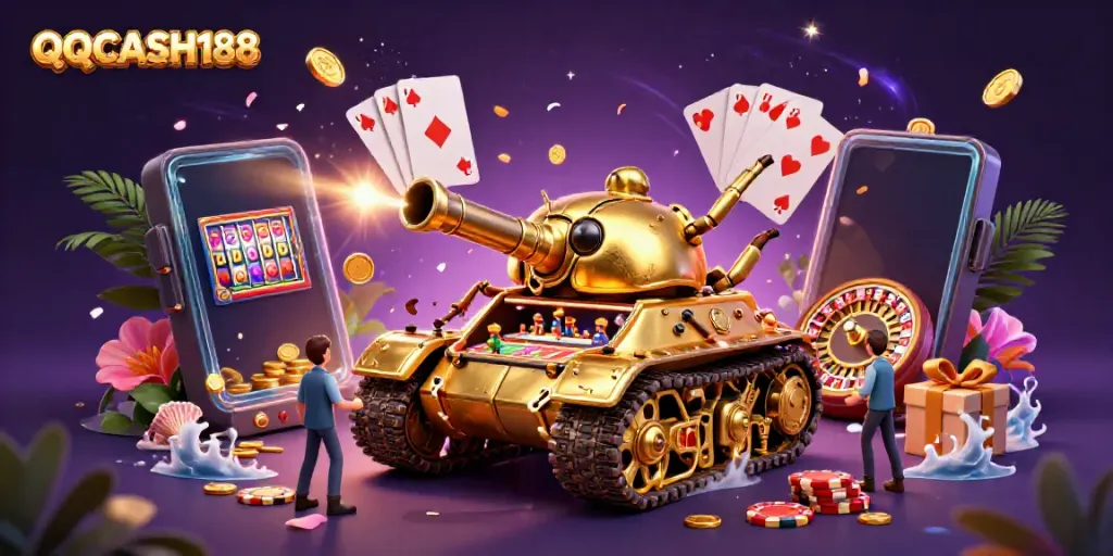 Engage with QQCASH188 in a vibrant, action-packed illustration of a 3D casino beetle featuring game elements and treasures.