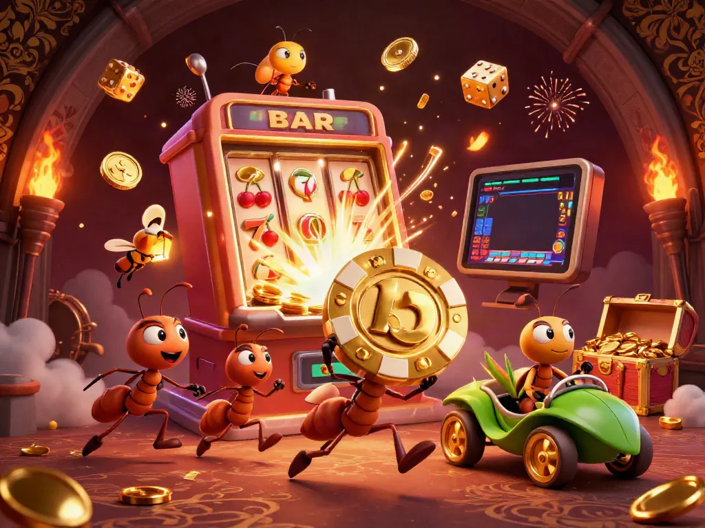 Experience thrilling ดูหนังออนไลน์ฟรี action with vibrant animated ants, a golden poker chip, and exciting casino elements.
