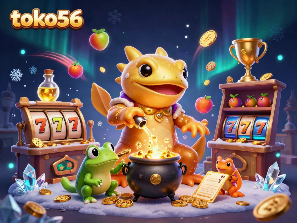 Permainan slot di toko56 dengan ilustrasi alkemis dan simbol keberuntungan.