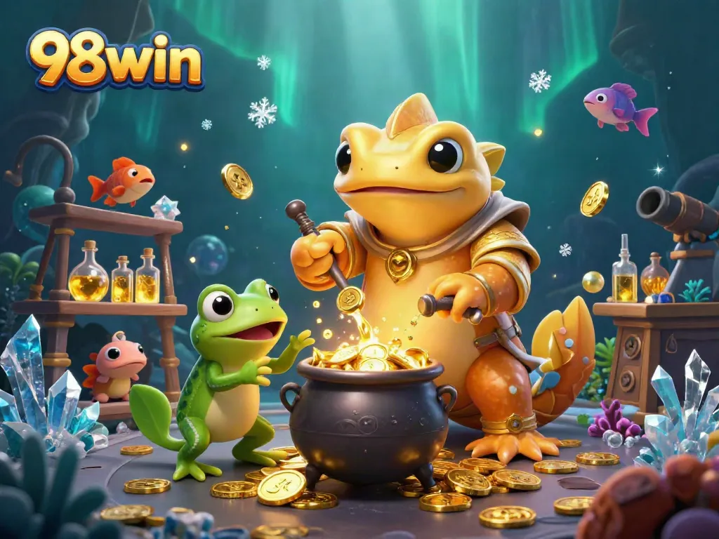 Experience the thrill of 98win with vibrant underwater fish shooting gameplay and magical transformations.