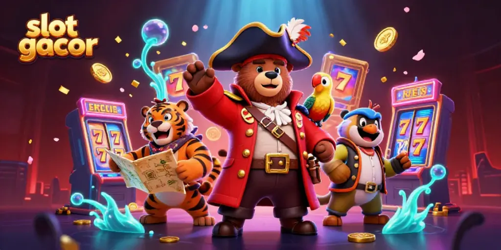 Experience the excitement of slot gacor with a vibrant illustration featuring a pirate bear, a tiger, and a glowing casino scene.