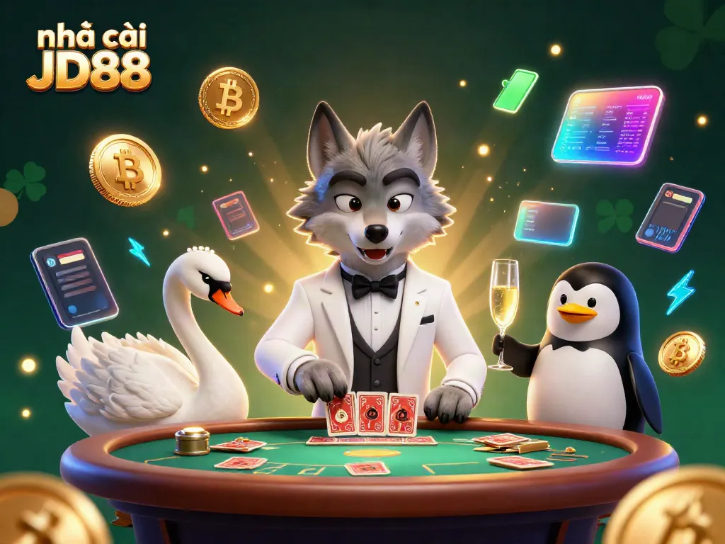 Experience the thrill of nhà cái JD88 with a vibrant 3D casino illustration featuring lively characters and dynamic game elements.