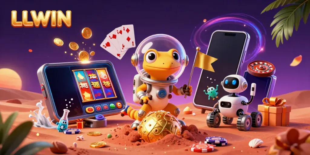 Engage with the thrilling world of LLWIN as a Martian gecko uncovers a golden casino in a vibrant 3D illustration.