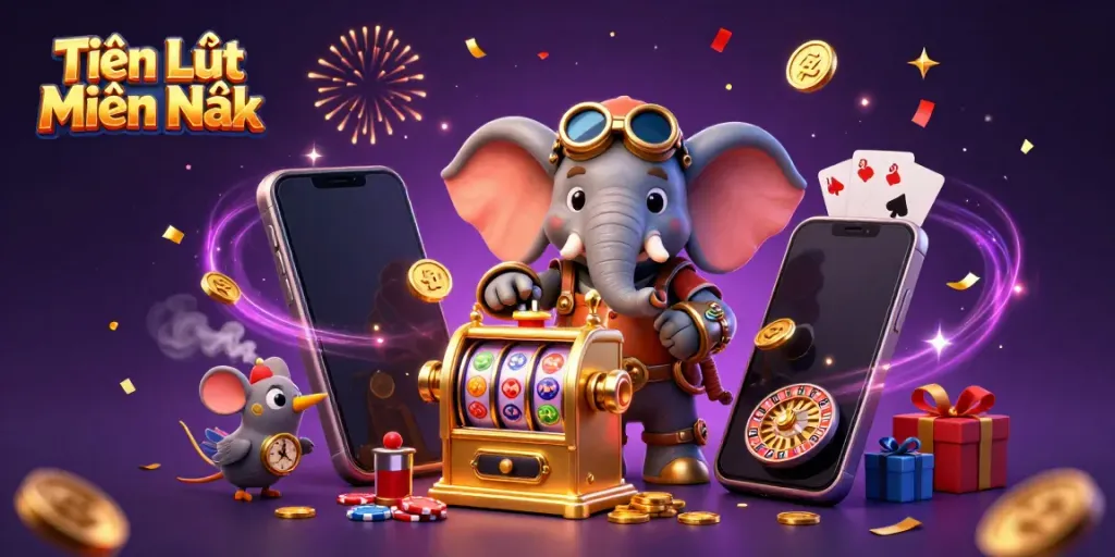 Engage in Tiến Lên Miền Bắc with a festive 3D illustration showing an elephant engineer with a slot machine.