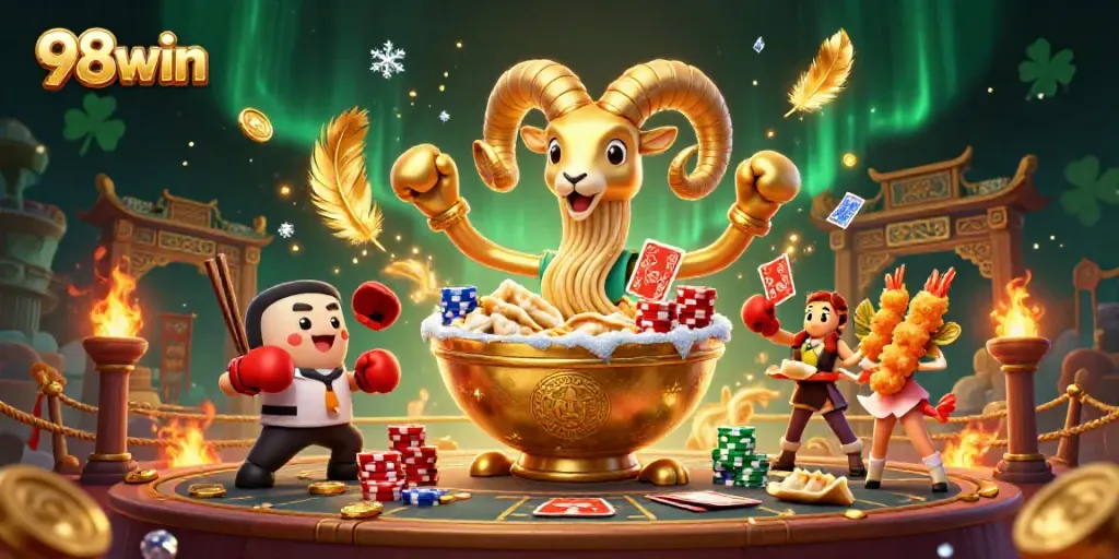 Experience the excitement of 98win with a vibrant casino scene filled with characters and dynamic gambling elements.
