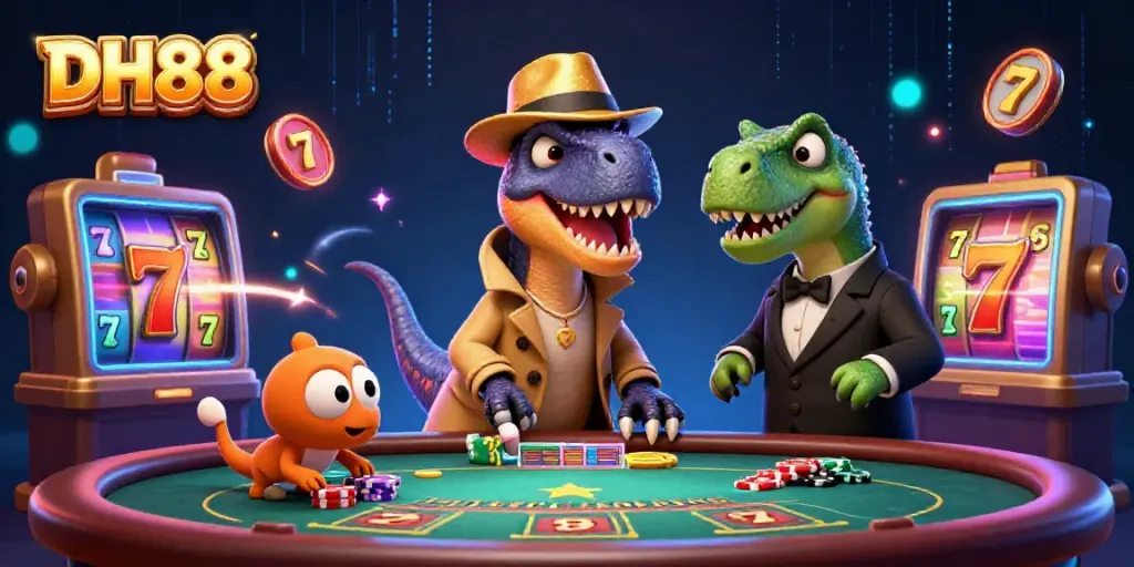 DH88 platform showcases a velociraptor card counter planning a big win at blackjack.