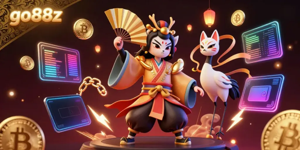 Engage in thrilling gaming with go88z in this vibrant 3D illustration of a kabuki warrior and digital currency elements.