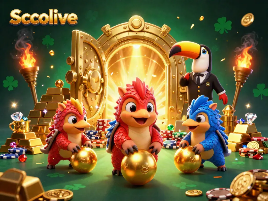 Socolive features two rival pangolins engaging excitedly in a casino gaming atmosphere surrounded by sparkling treasures and dynamic betting elements.