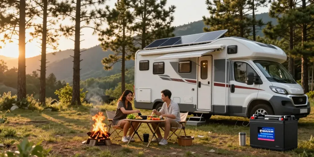 Couple enjoying camping with RV lithium battery in use, surrounded by nature.
