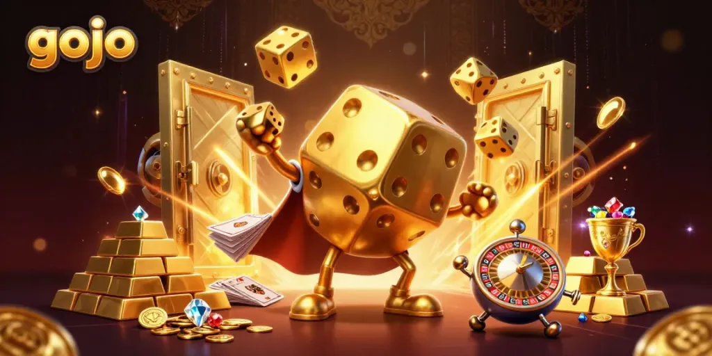 Gojo character illustration showcasing a dynamic casino scene with golden dice and dramatic lighting.