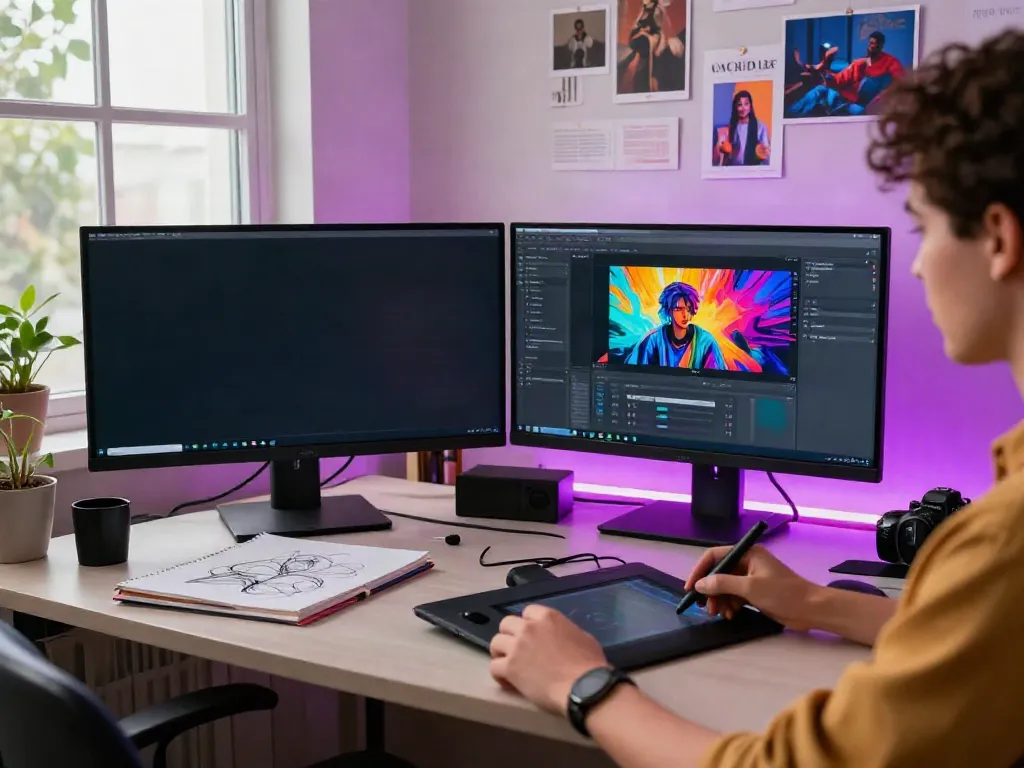 AI art creation workspace featuring vibrant visuals and a digital artist on typeshutter.com, with dual monitors and creative tools.