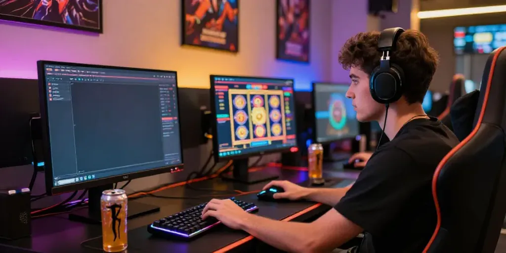 Dynamic gaming setup featuring erigo4d interface with player engaged and vibrant accessories.