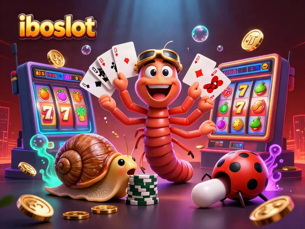 Experience the thrilling world of iboslot with a vibrant illustration of a millipede dealer and a snail high-roller amidst slot reels and tokens.