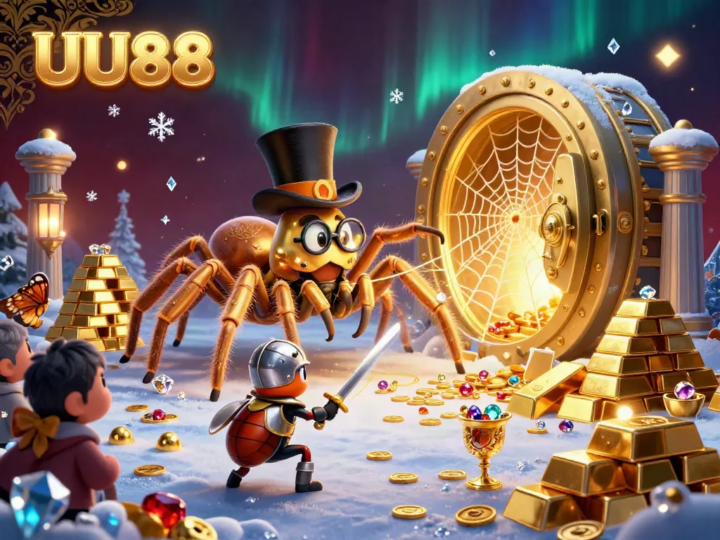 Experience exciting gameplay at UU88 as a brave beetle knight approaches a golden tarantula in a vibrant casino scene.